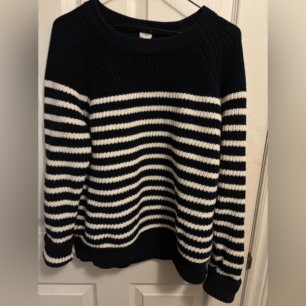J. Crew White and Blue Crew Neck Sweater